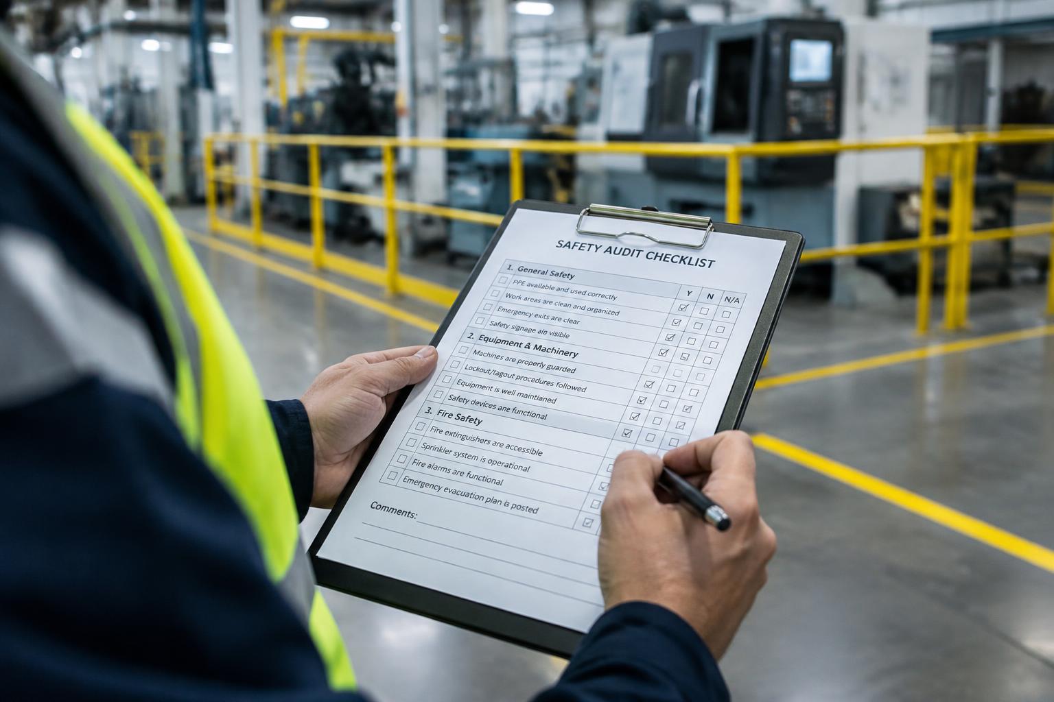 Safety auditor completing a checklist in a factory